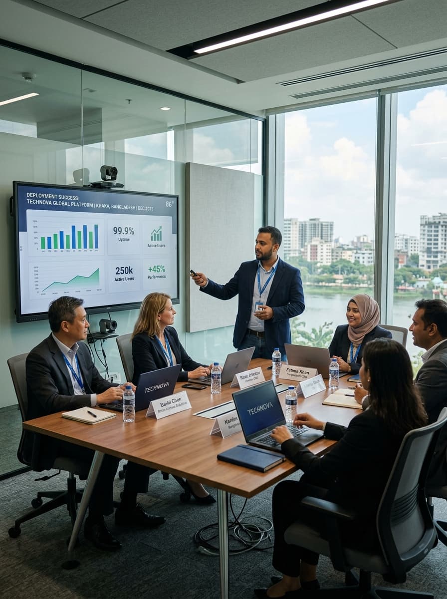 Engineering team in executive boardroom presentation