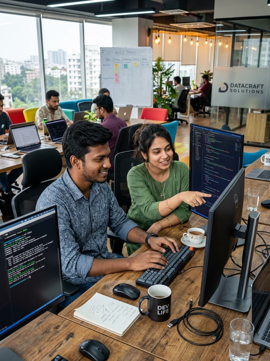 Developers pair programming in Dhaka tech studio